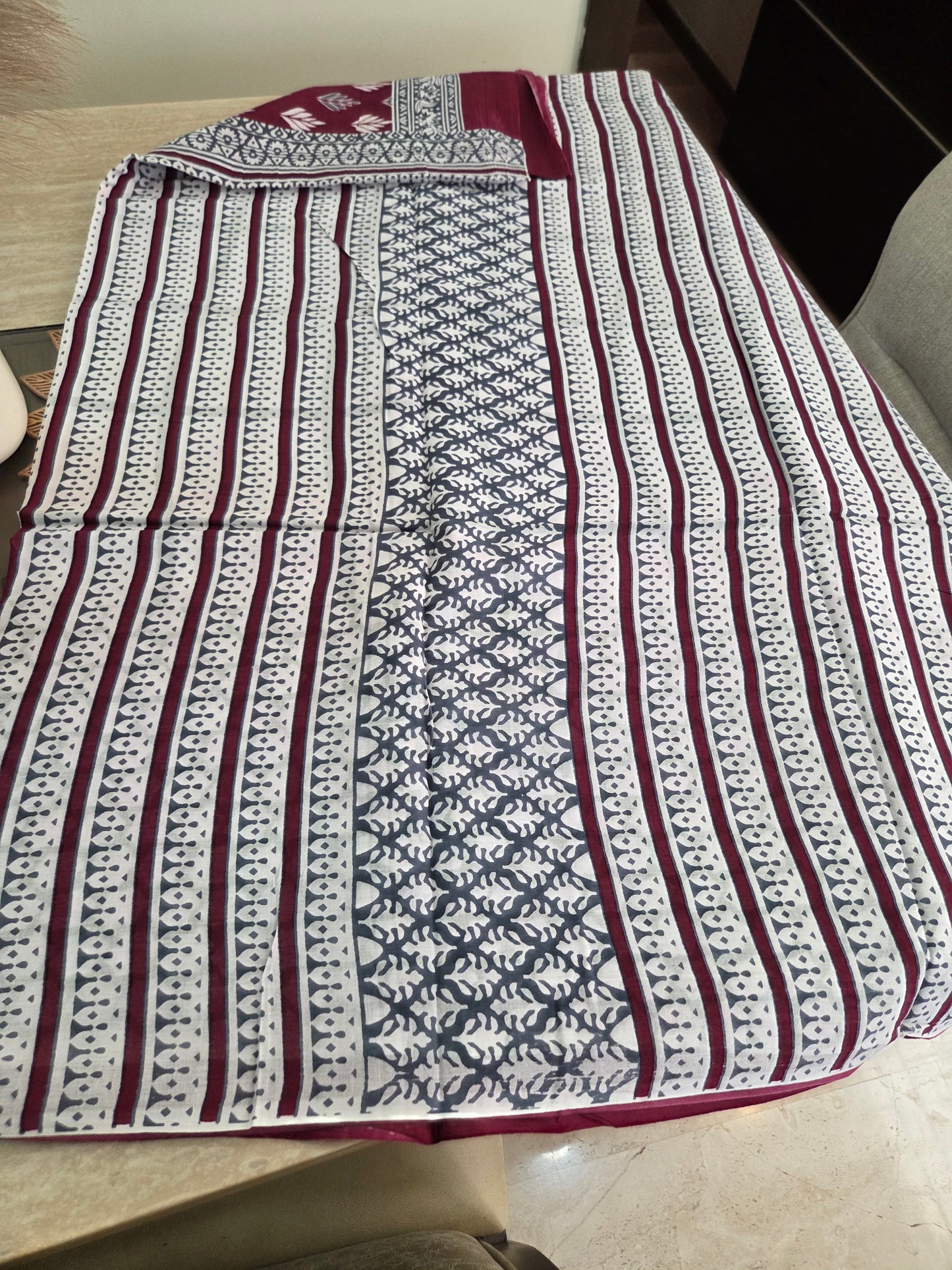 Maroon with Grey Floral Border Bagru Screen Print Mulmul Cotton Saree