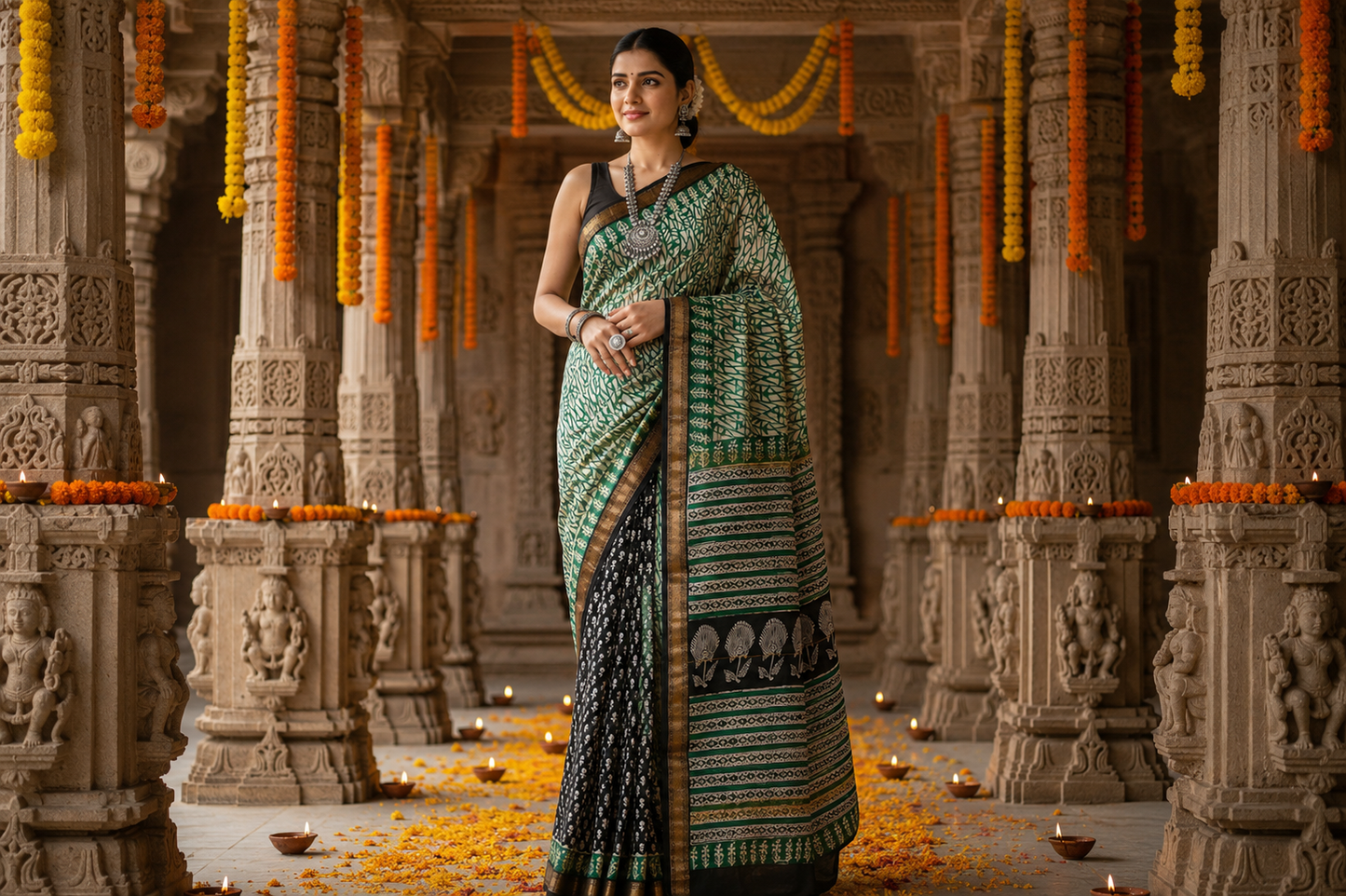 Green & Black Hand Block Printed Maheshwari Silk Saree