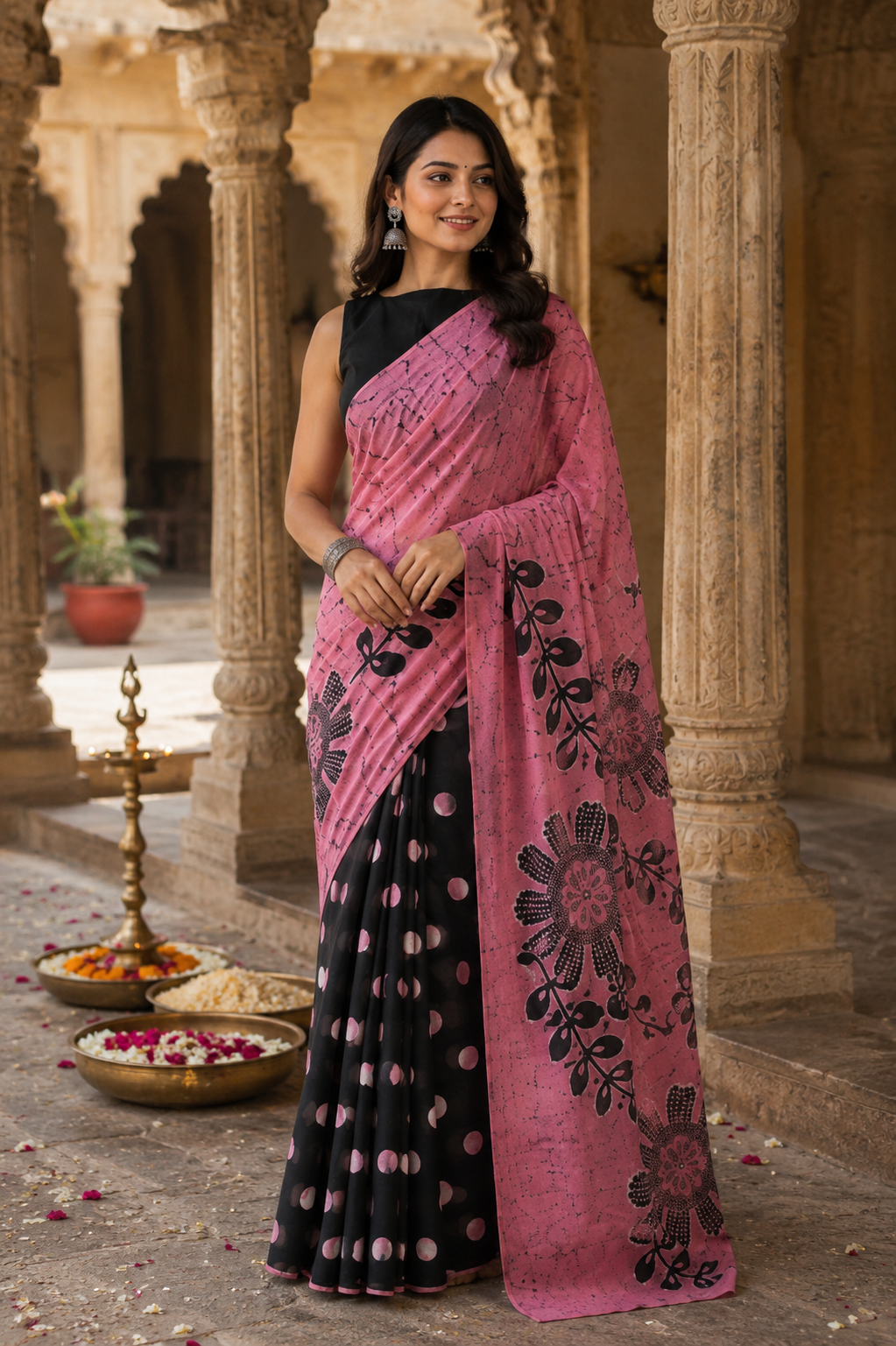 Dusty Rose Pink & Noir Black Bagru Screen Print Soft Mulmul Cotton Saree