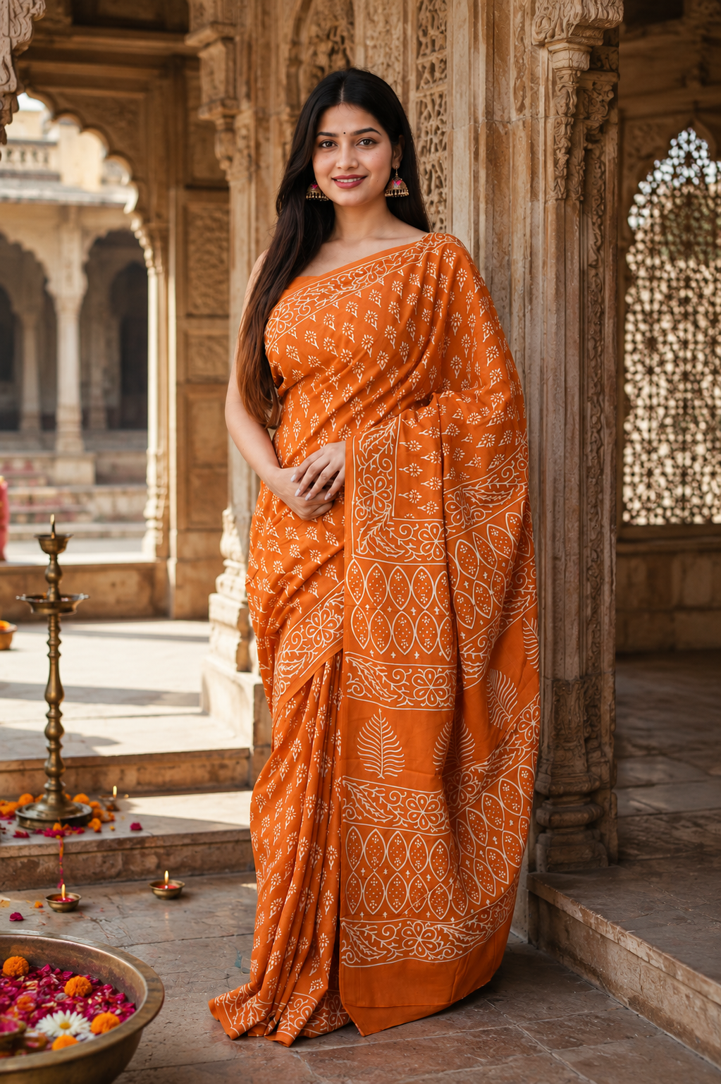 Orange Bagru Hand Block Printed Cotton Mul Saree