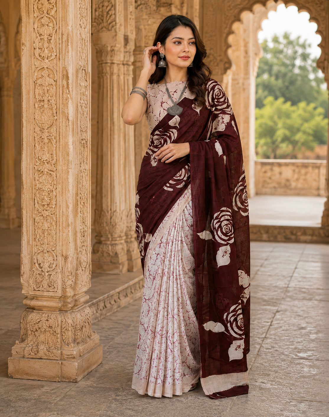 Deep Wine & Ivory White Bagru Screen Print Soft Mulmul Cotton Saree