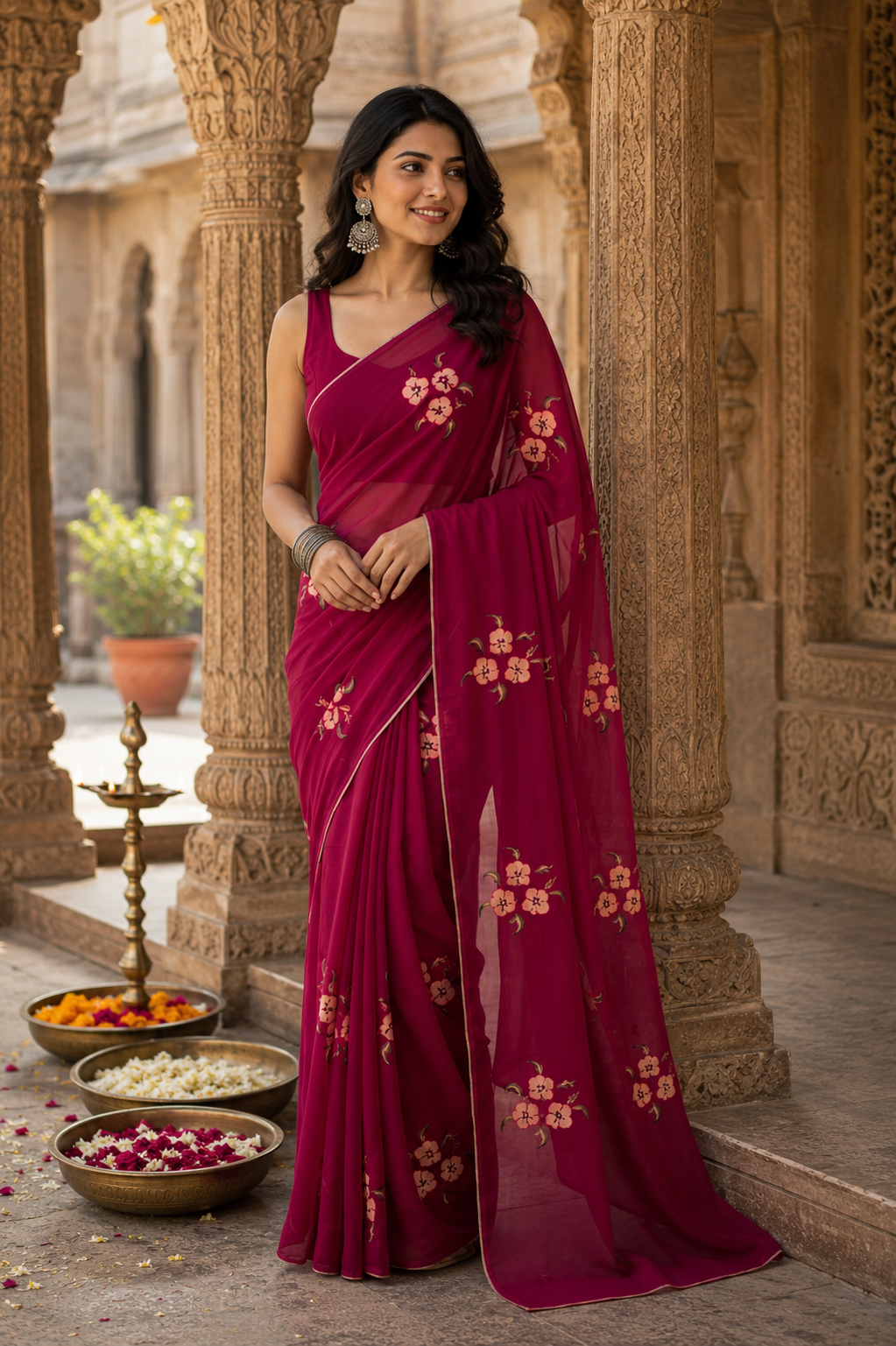 Deep Magenta & Blush Pink Bagru Screen Print Soft Mulmul Cotton Saree