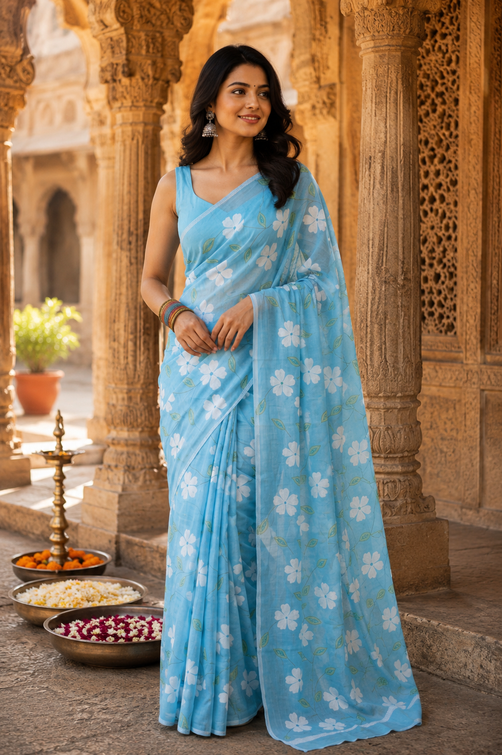 Powder Blue & White Bagru Screen Print Soft Mulmul Cotton Saree