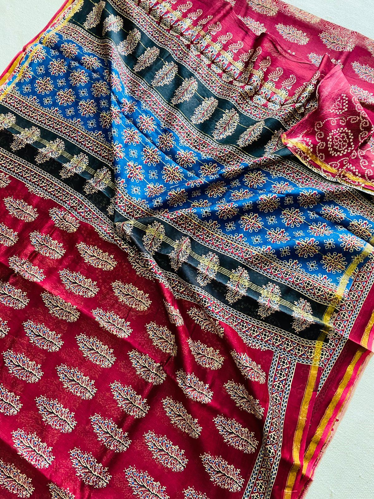 Deep Magenta Pink & Royal Blue Hand Block Print Chanderi Silk Saree