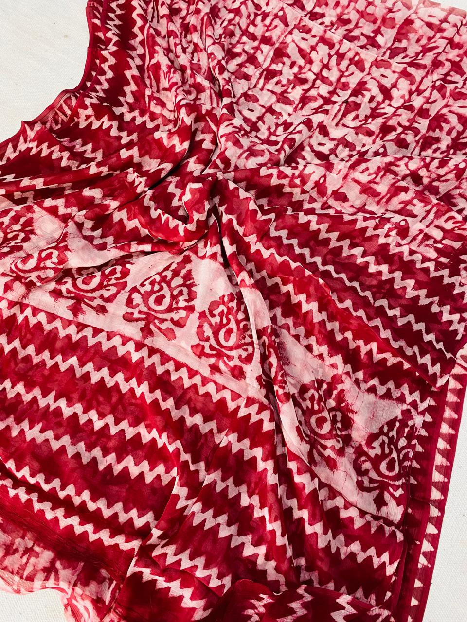 Deep Crimson & Ivory White Ajrakh Chevron Zigzag Bagru Hand Block Print Pure Double Diamond Chiffon Saree