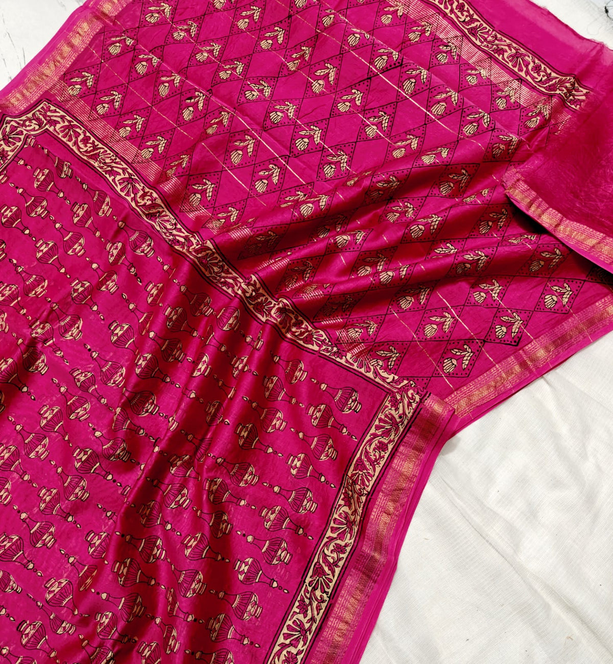 Rich Rani Pink Hand Block Print Maheshwari Silk Saree