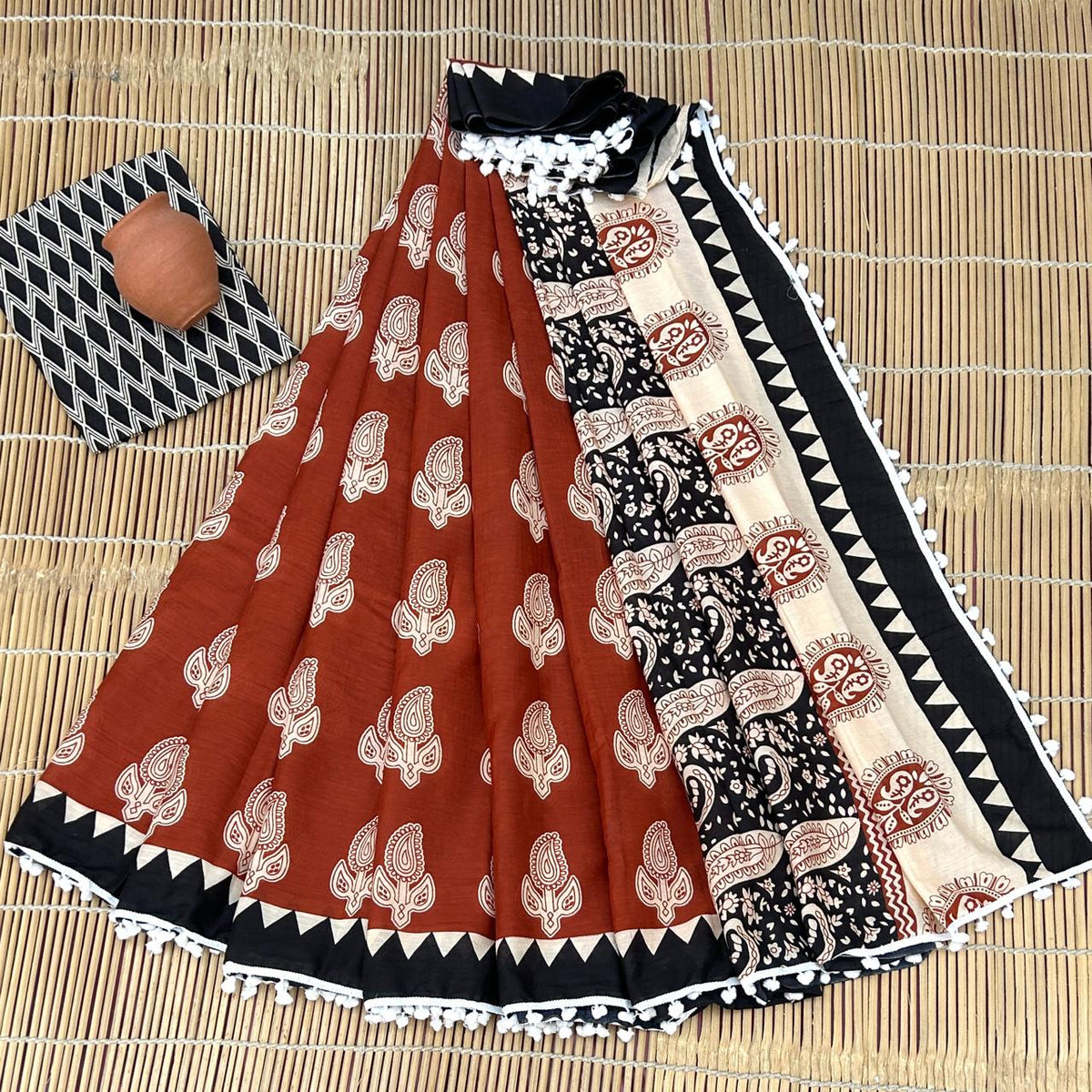Rich Rust Brown & Bold Ivory Paisley Buti Bagru Block Print Soft Cotton Mulmul Saree with Pom Pom