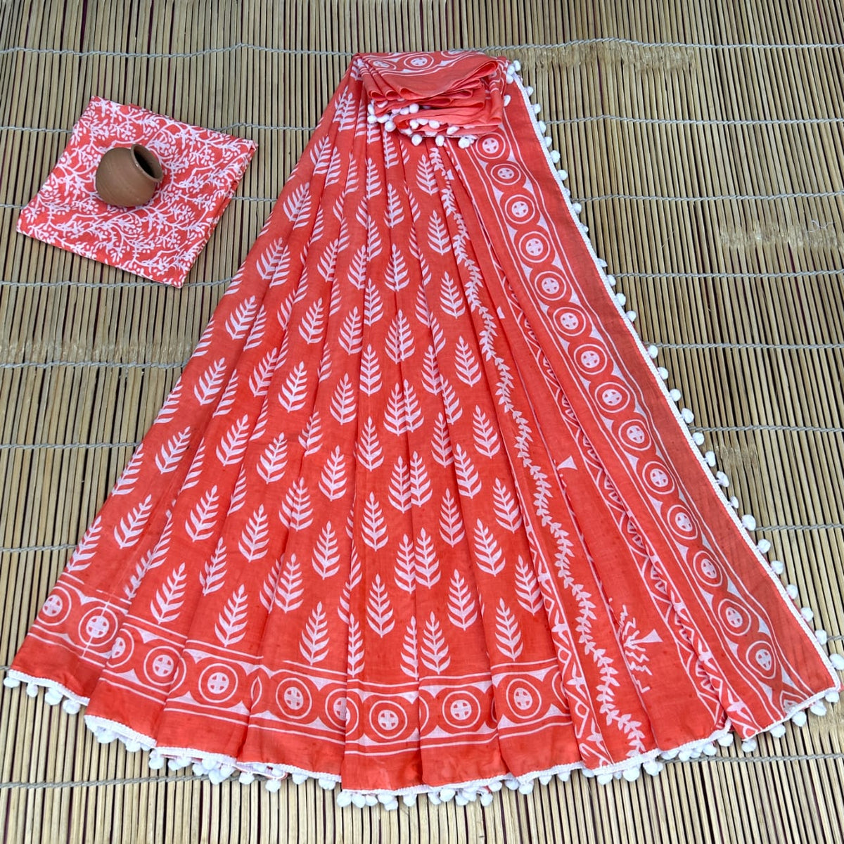 Warm Coral Red & Bold White Fern Leaf Buti Bagru Block Print Soft Cotton Mulmul Saree with Pom Pom