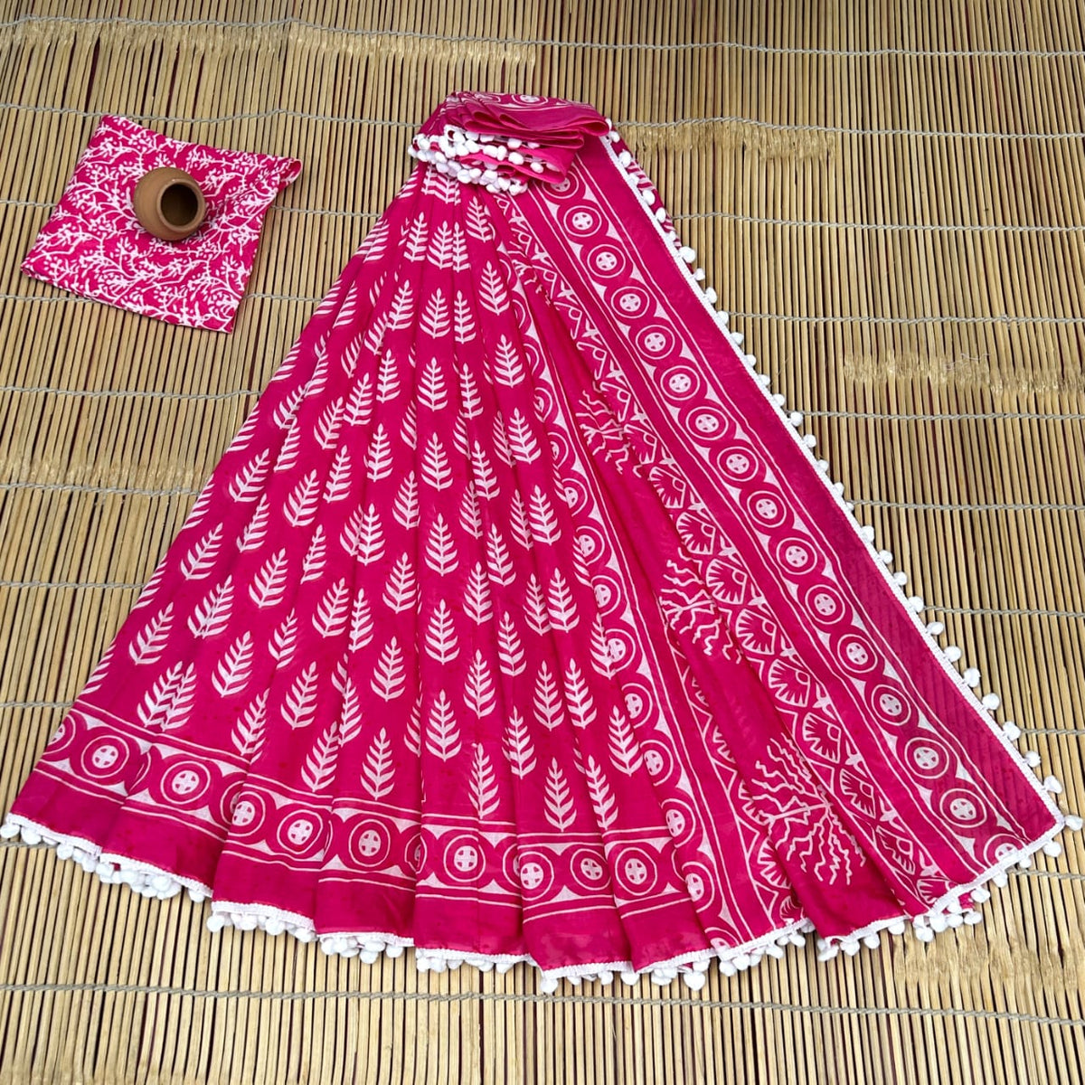 Vivid Rani Pink & Dense White Fern Leaf Buti Bagru Block Print Soft Cotton Mulmul Saree with Pom Pom