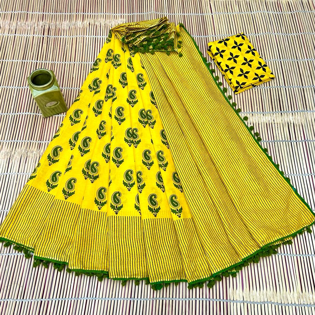 Sunshine Yellow & Bold Green Paisley Buti Bagru Block Print Soft Cotton Mulmul Saree with Pom Pom