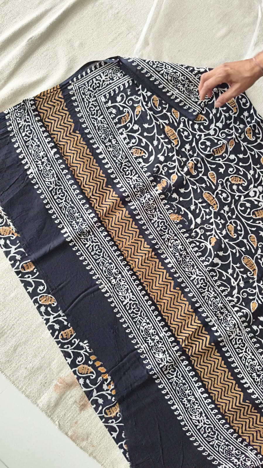 Black, White, Mustard Gold Hand Block Printed Cotton Mul Saree