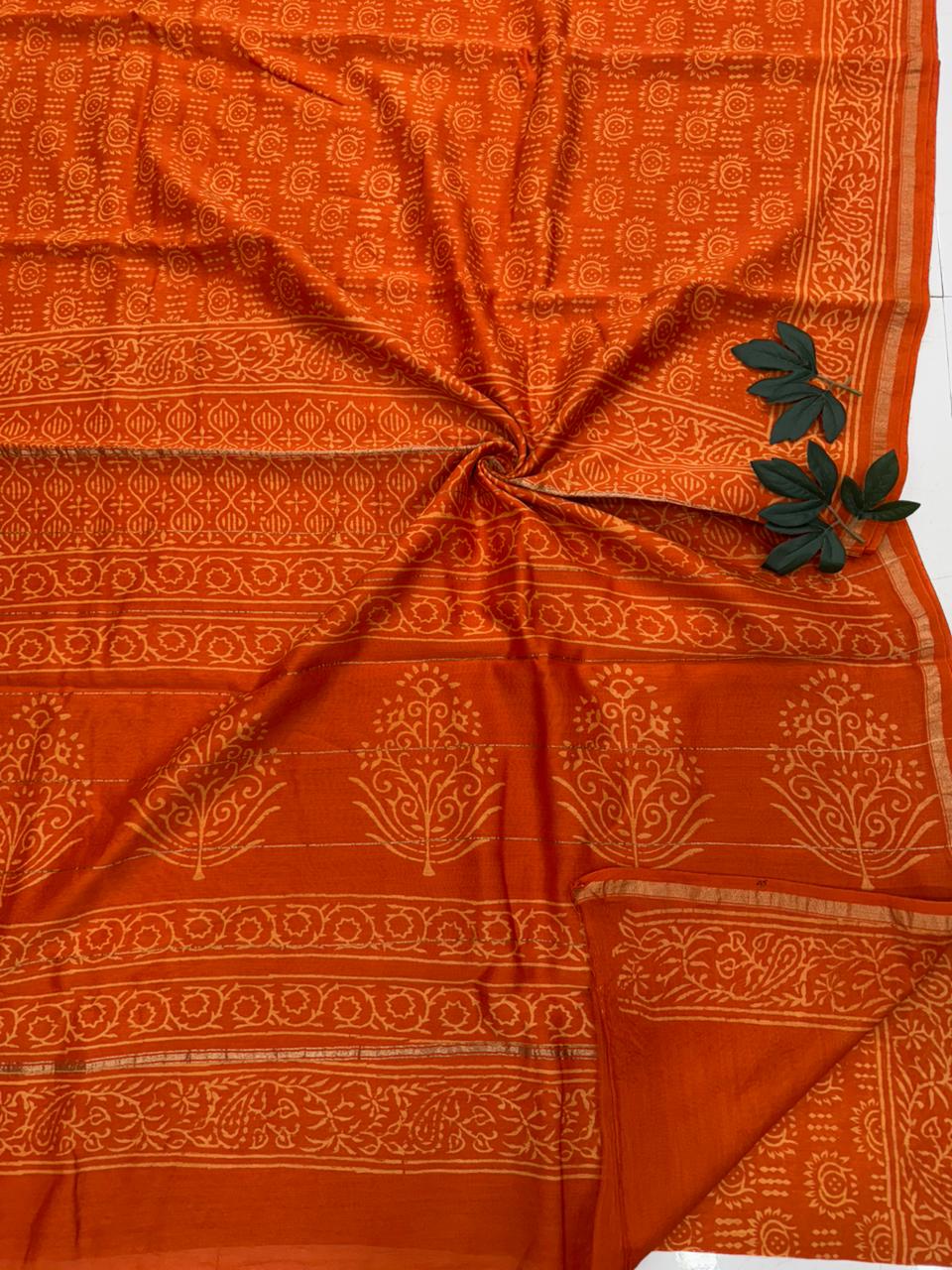 Burnt Orange Heritage Elegance Hand Block Print Chanderi Silk Saree