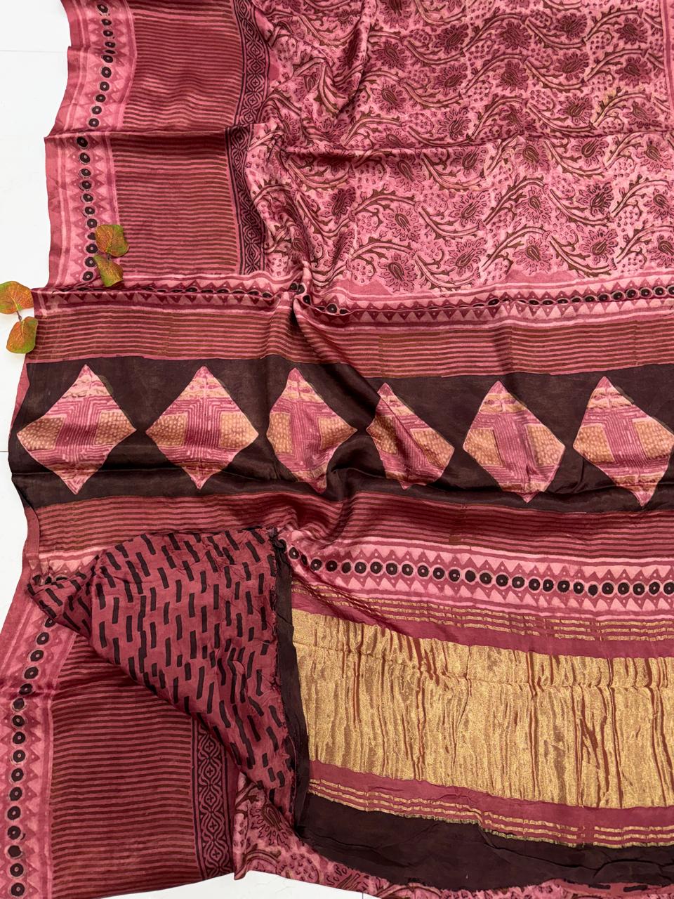 Dusty Rose Hand Block Print Modal Silk Saree