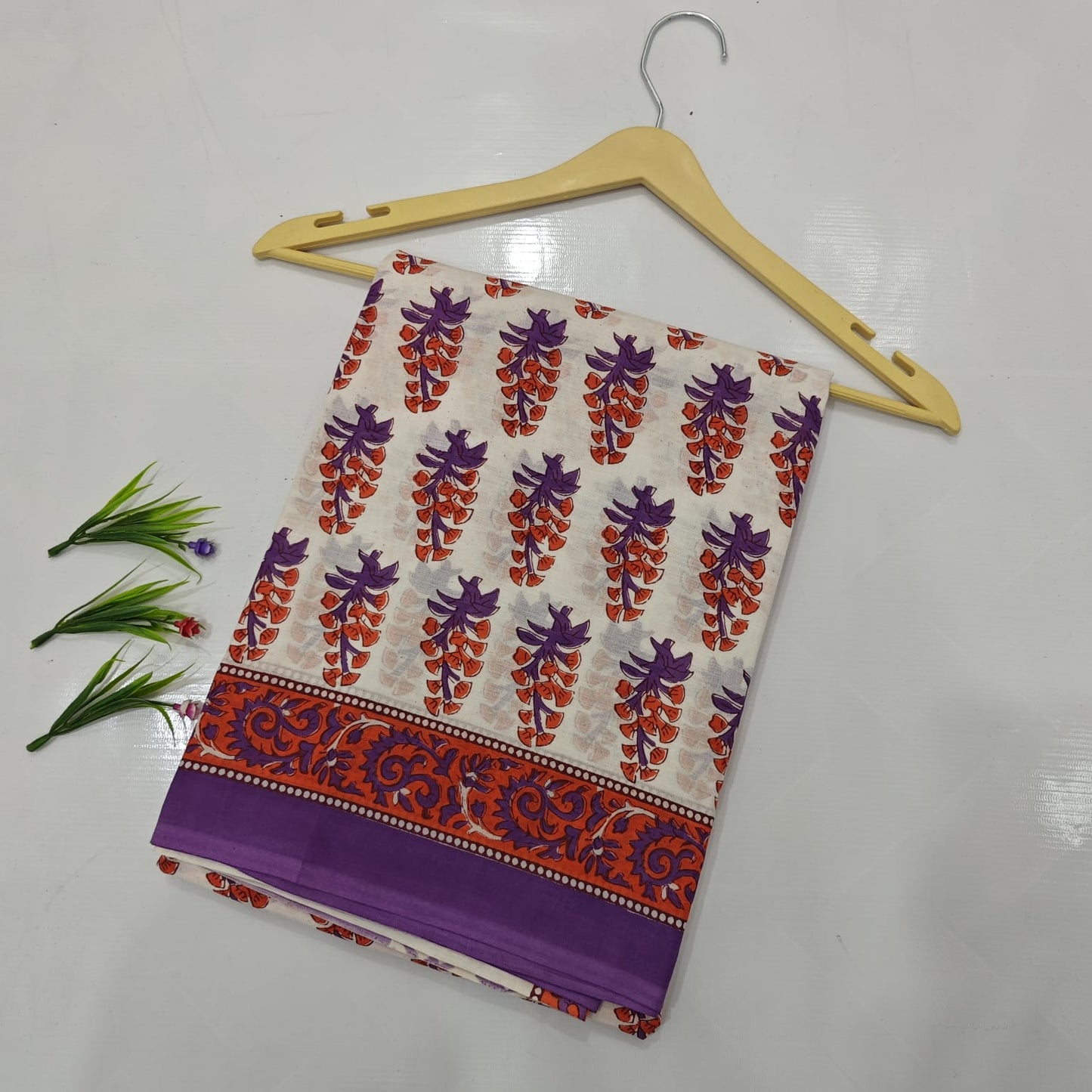 White with Purple & Rust Floral Motifs Bagru Screen Print Mulmul Cotton Saree