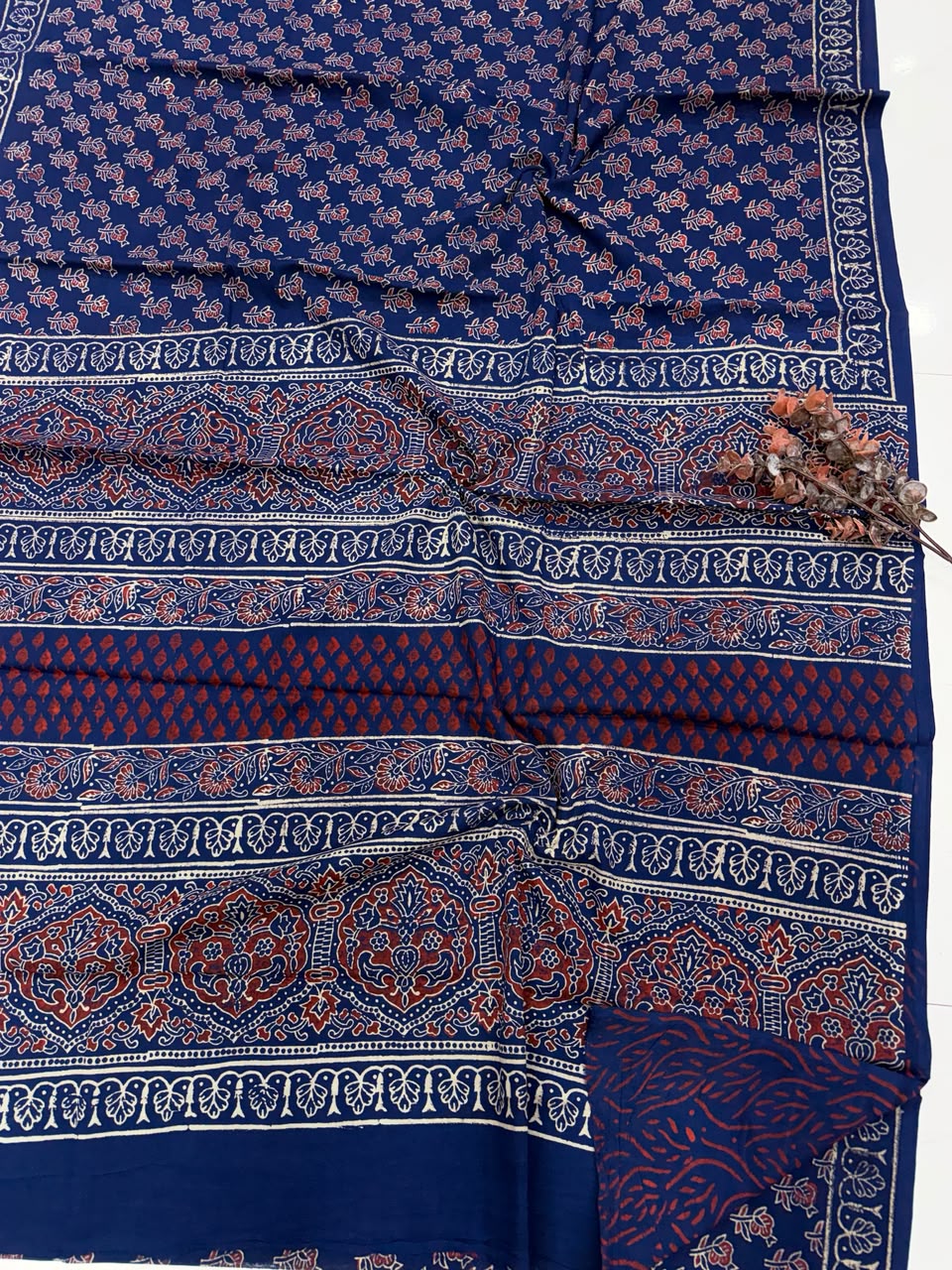 Midnight Navy Blue & Rust Red Bagru Hand Block Print Cotton Mul Saree