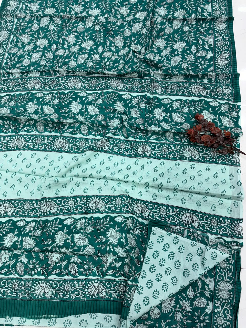 Deep Emerald Green & Soft Mint Bagru Hand Block Print Cotton Mul Saree