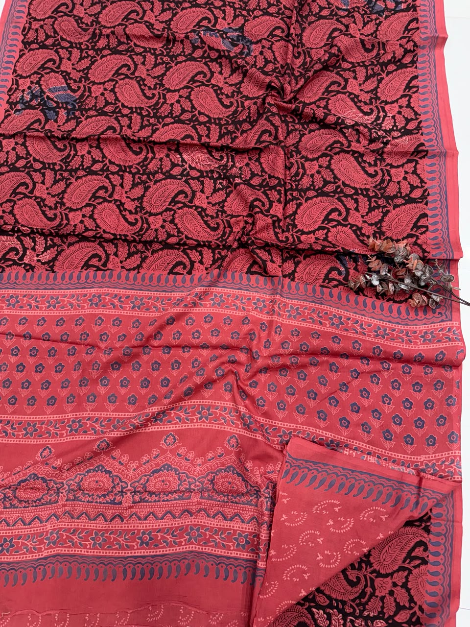 Crimson Red & Noir Black Bagru Hand Block Print Cotton Mul Saree