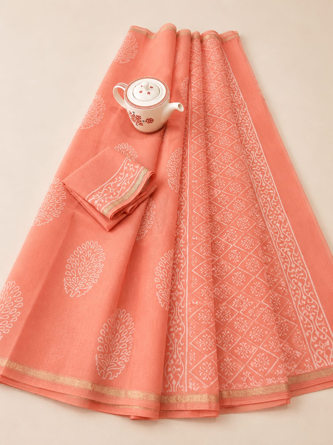 Soft Peach & Ivory Hand Block Printed Premium Kota Chanderi Silk Saree