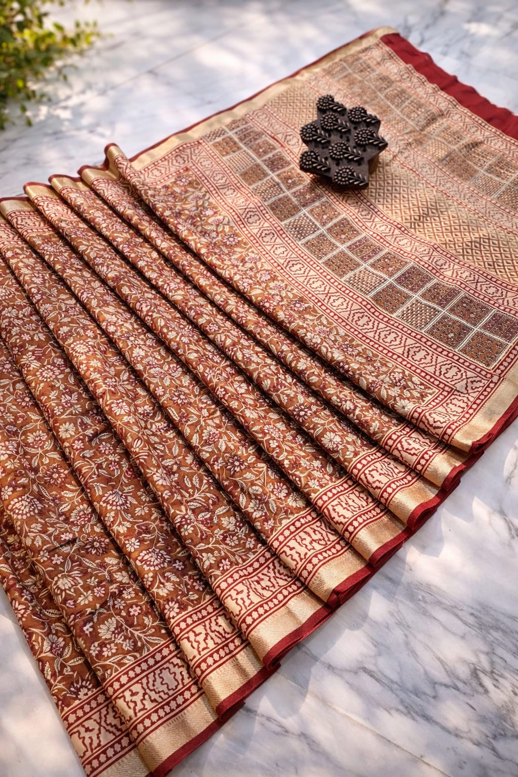 Russet Brown & Ivory Zari Border Hand Block Printed Pure Maheshwari Cotton Silk Saree