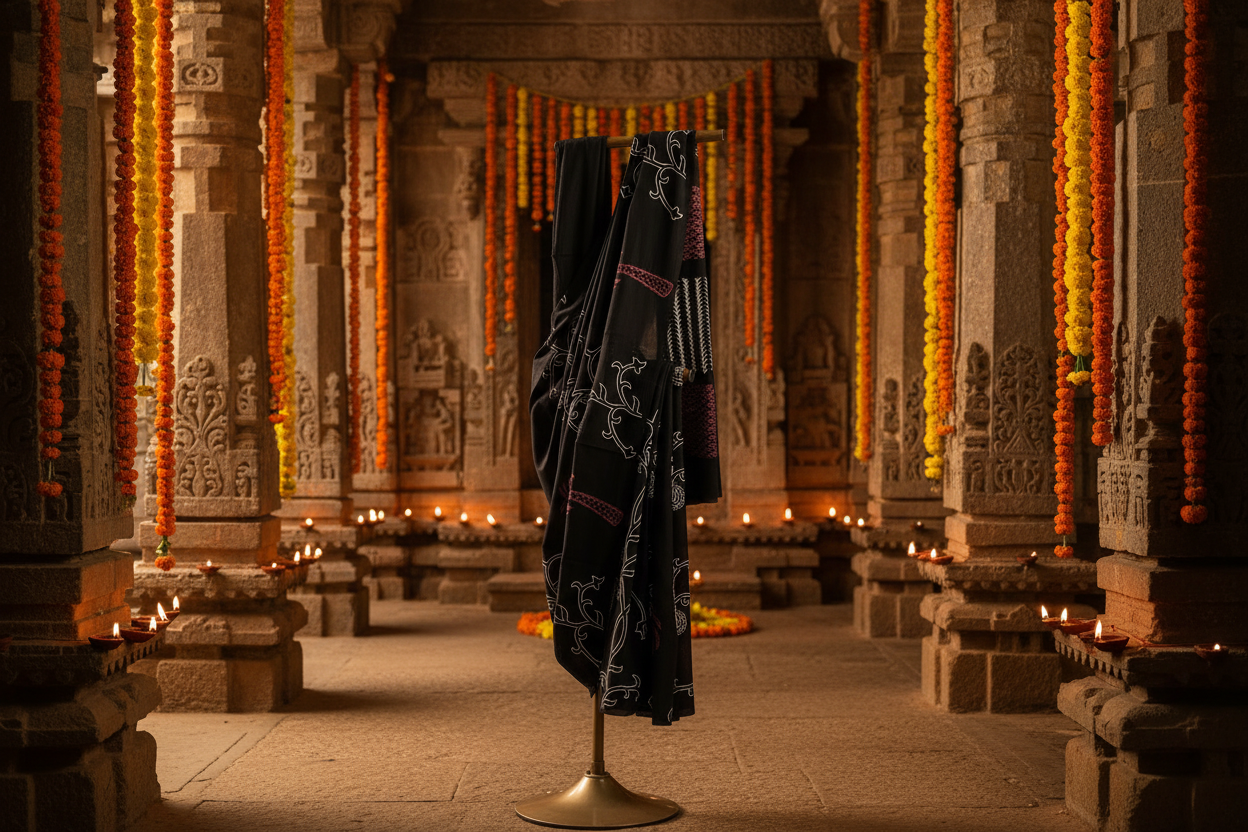Black Saree on Display Stand – Heritage Temple Setting