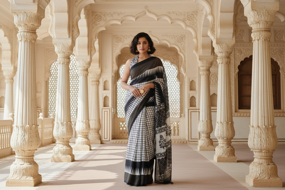 Ivory White & Noir Black Bagru Screen Print Soft Mulmul Cotton Saree