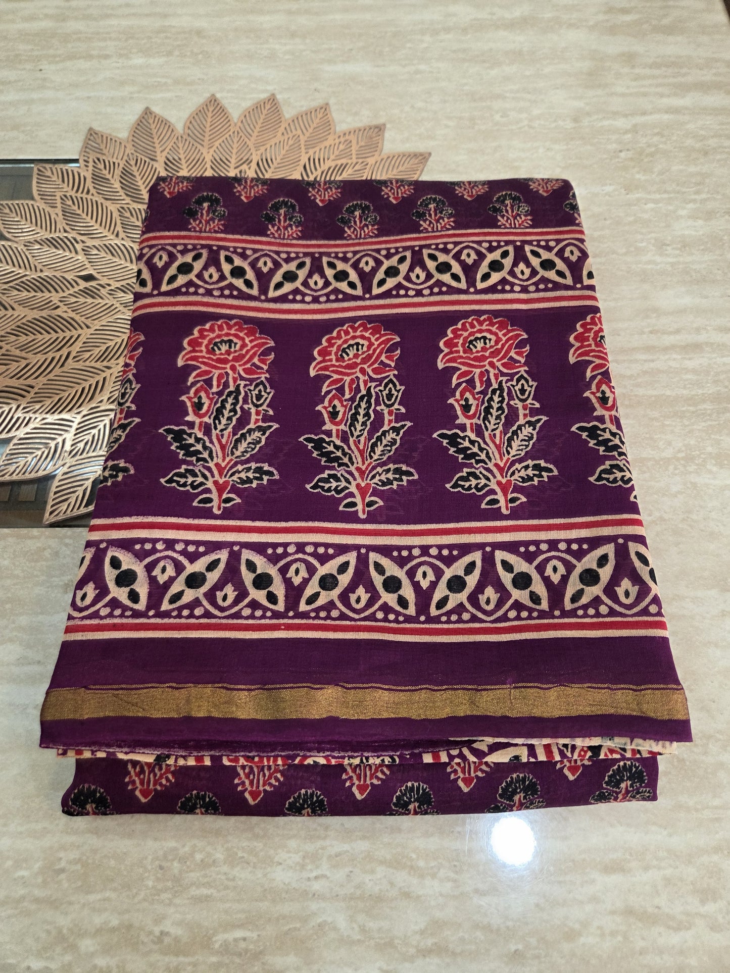 Purple Hand Block Print Chanderi Silk Saree