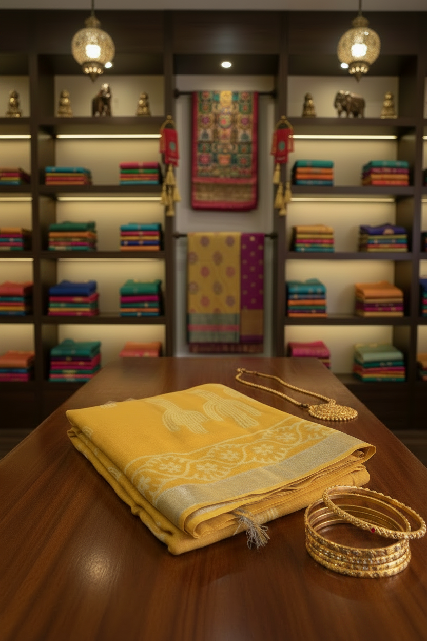 Mustard Yellow Hand Block Print Linen Saree