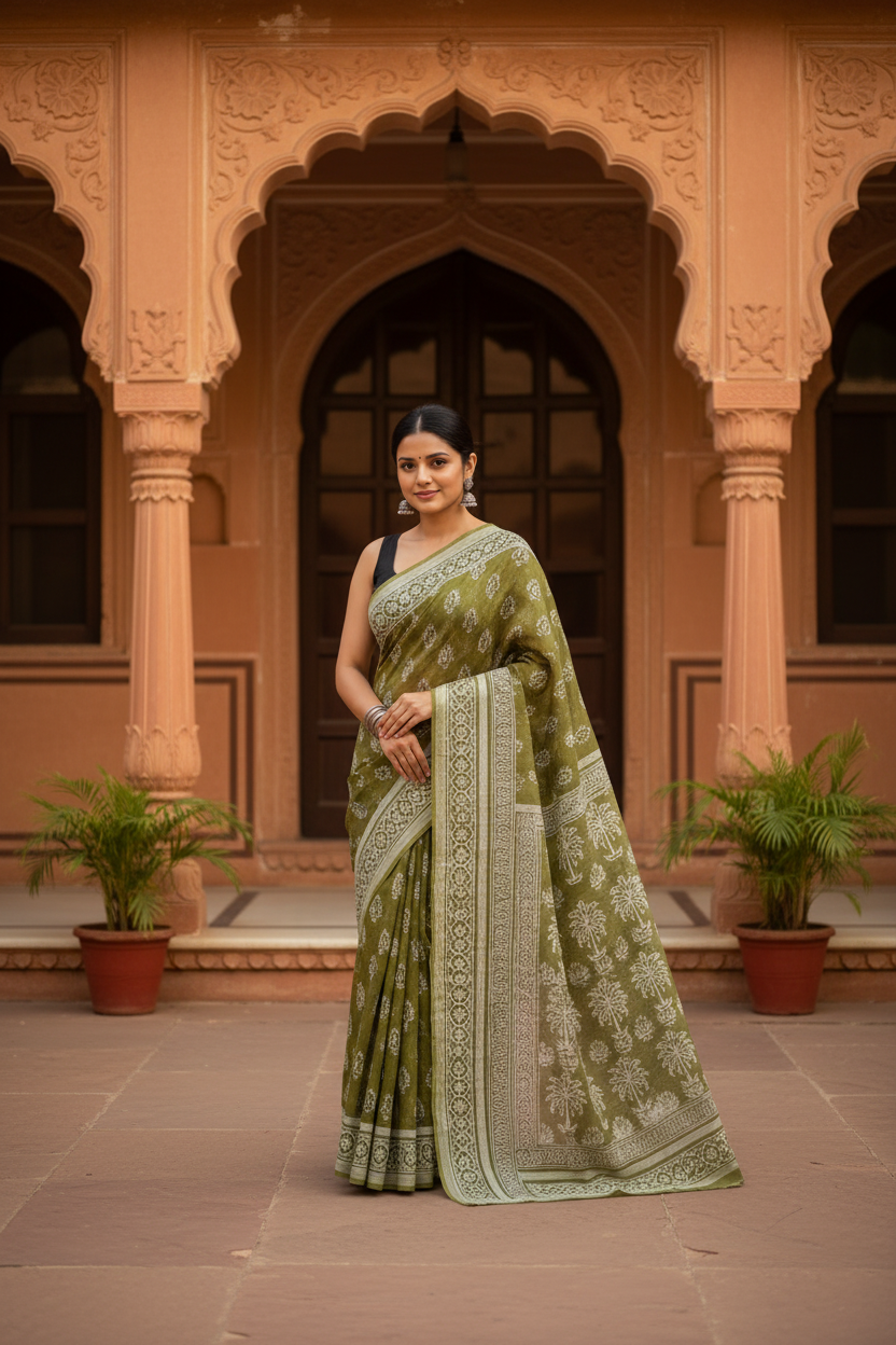 Olive Green Color Saree