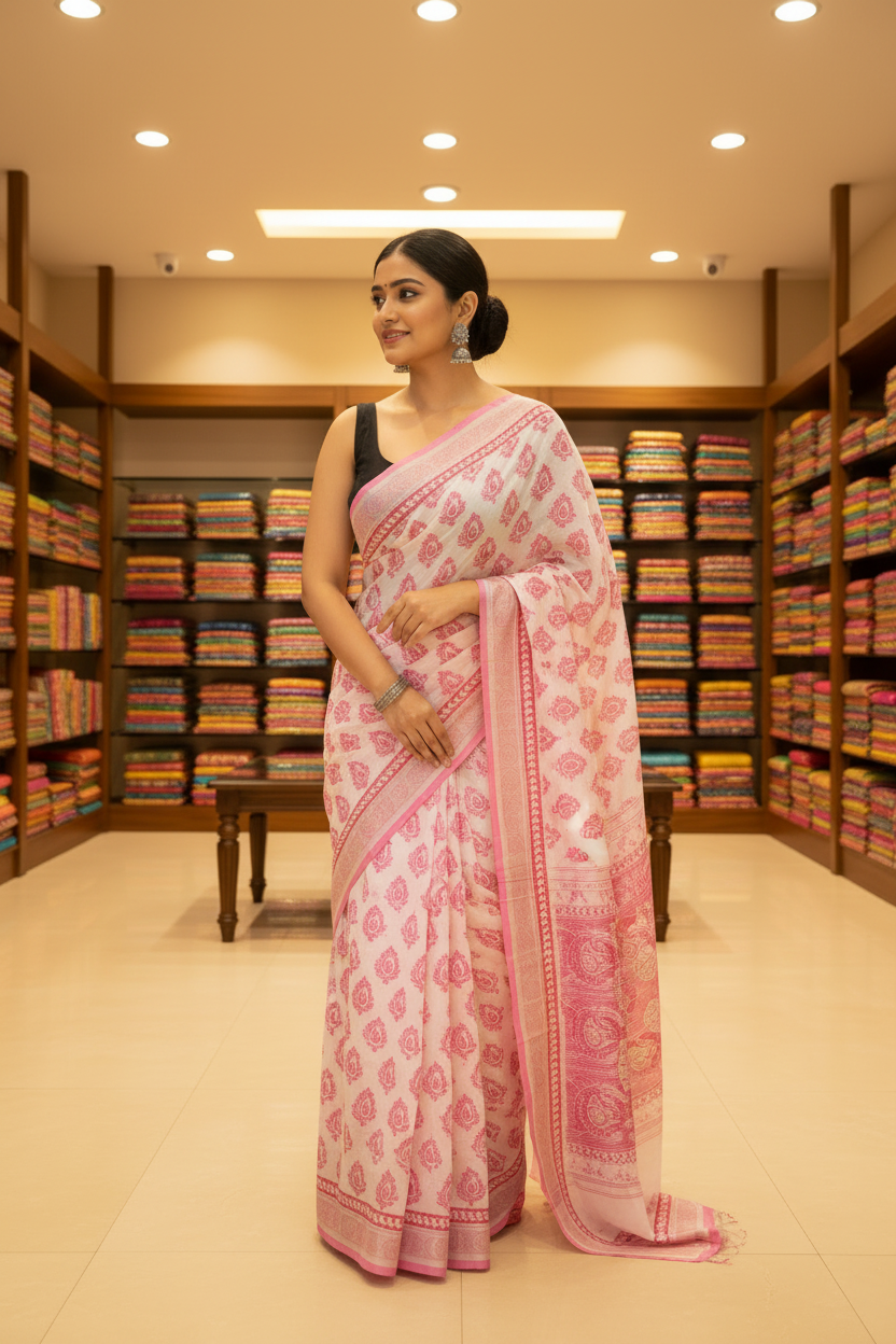 White & Pink Color Saree