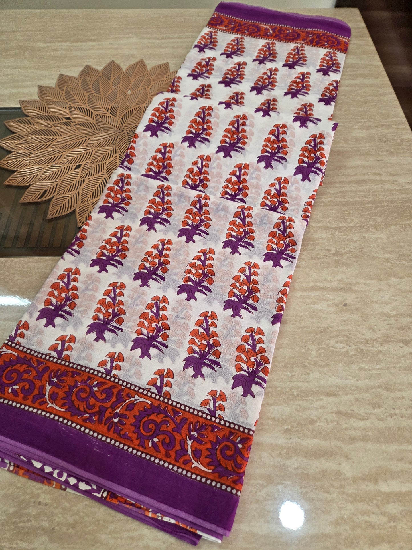 White with Purple & Rust Floral Motifs Bagru Screen Print Mulmul Cotton Saree