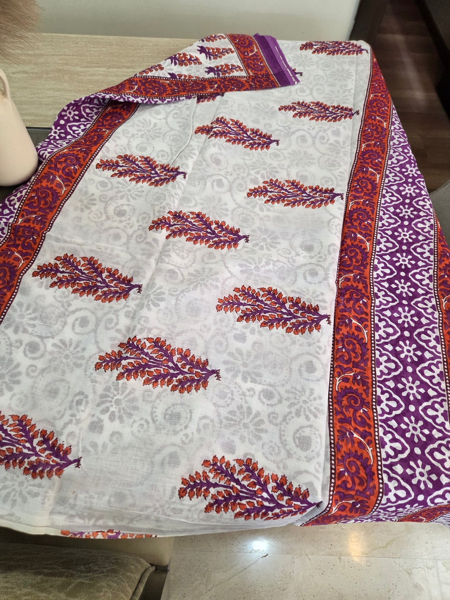 White with Purple & Rust Floral Motifs Bagru Screen Print Mulmul Cotton Saree
