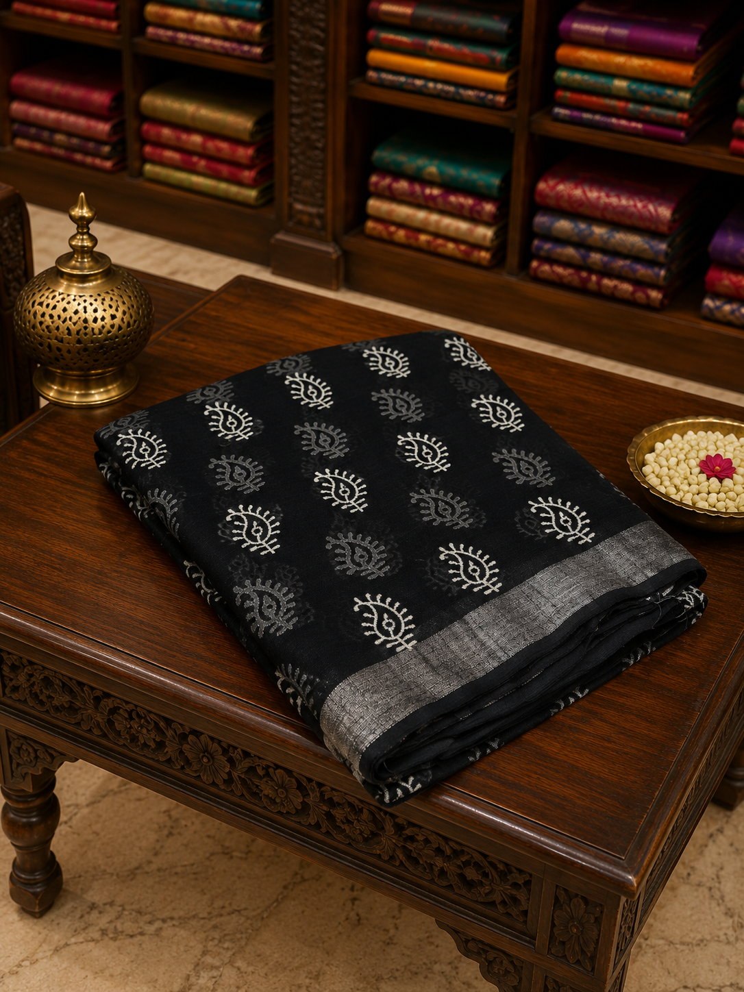 Black Hand Block Print Linen Saree