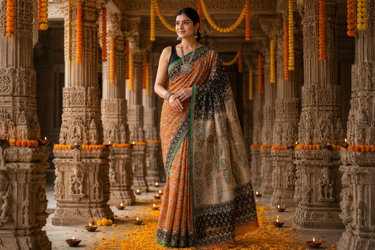 Orange Elegance Hand Block Printed Chanderi Silk Saree