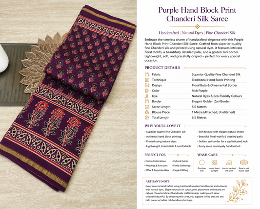 Purple Hand Block Print Chanderi Silk Saree