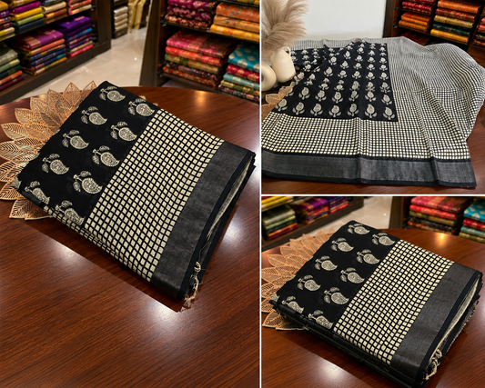 Black & Off-White Hand Block Print Linen Saree