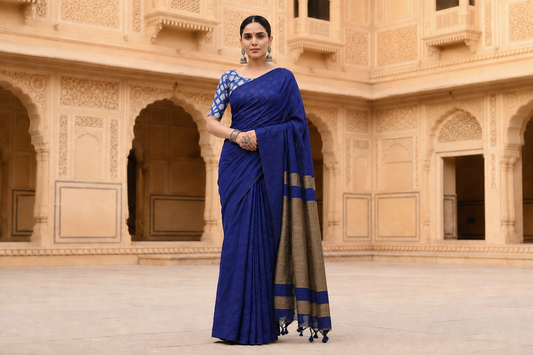 Deep Navy Blue Pure Khadi Cotton Saree with Blue Block Print Floral Blouse
