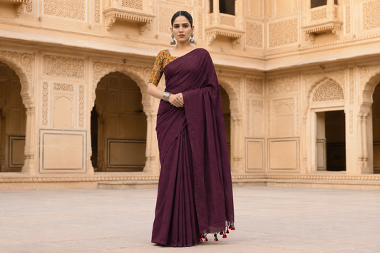 Deep Wine Burgundy Pure Khadi Cotton Saree with Kalamkari Block Print Blouse