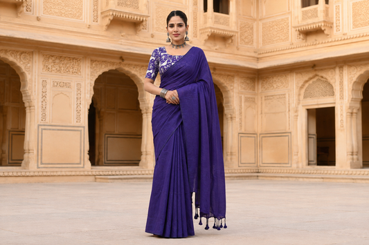 Deep Royal Violet Pure Khadi Cotton Saree with Warli Block Print Blouse
