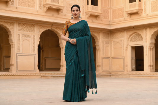 Deep Teal Green Pure Khadi Cotton Saree with Kalamkari Block Print Blouse