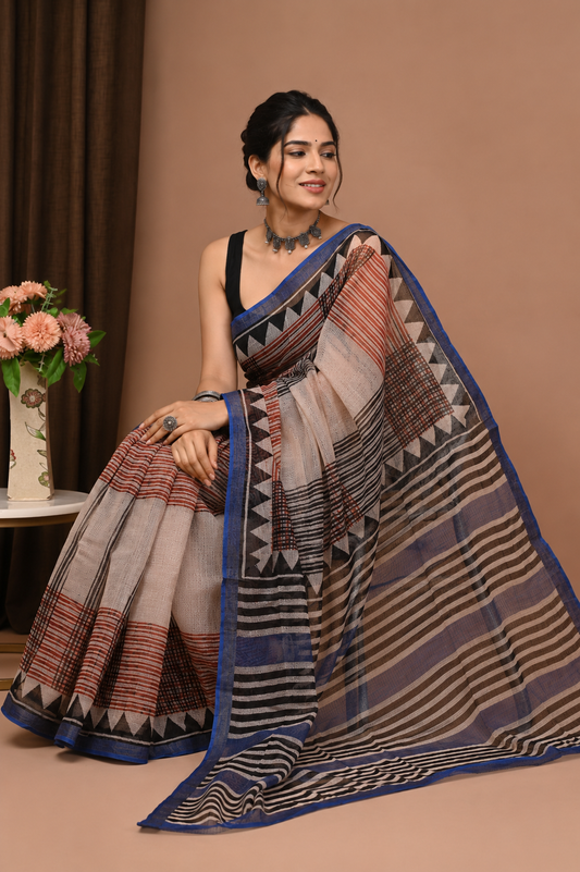 Earthy red, black, and natural beige Hand Block Print Kota Doria Saree
