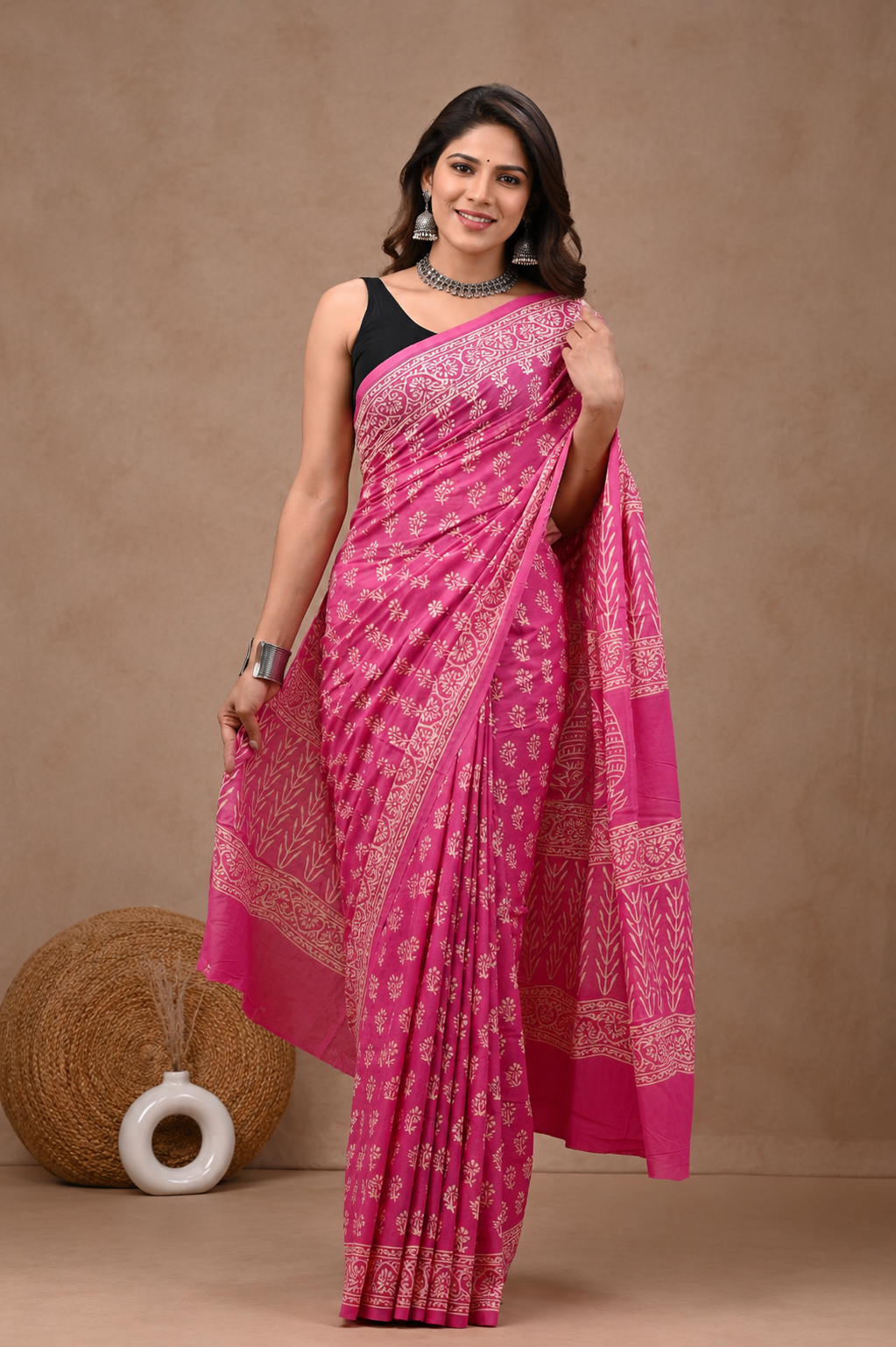 Pink Bagru Hand Block Printed Cotton Mul Saree