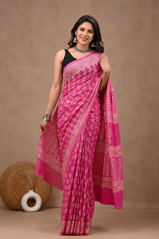 Pink Bagru Hand Block Printed Cotton Mul Saree