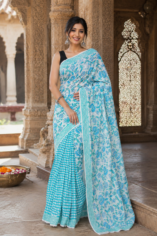 Sky Blue & White Bagru Hand Block Printed Cotton Mul Saree