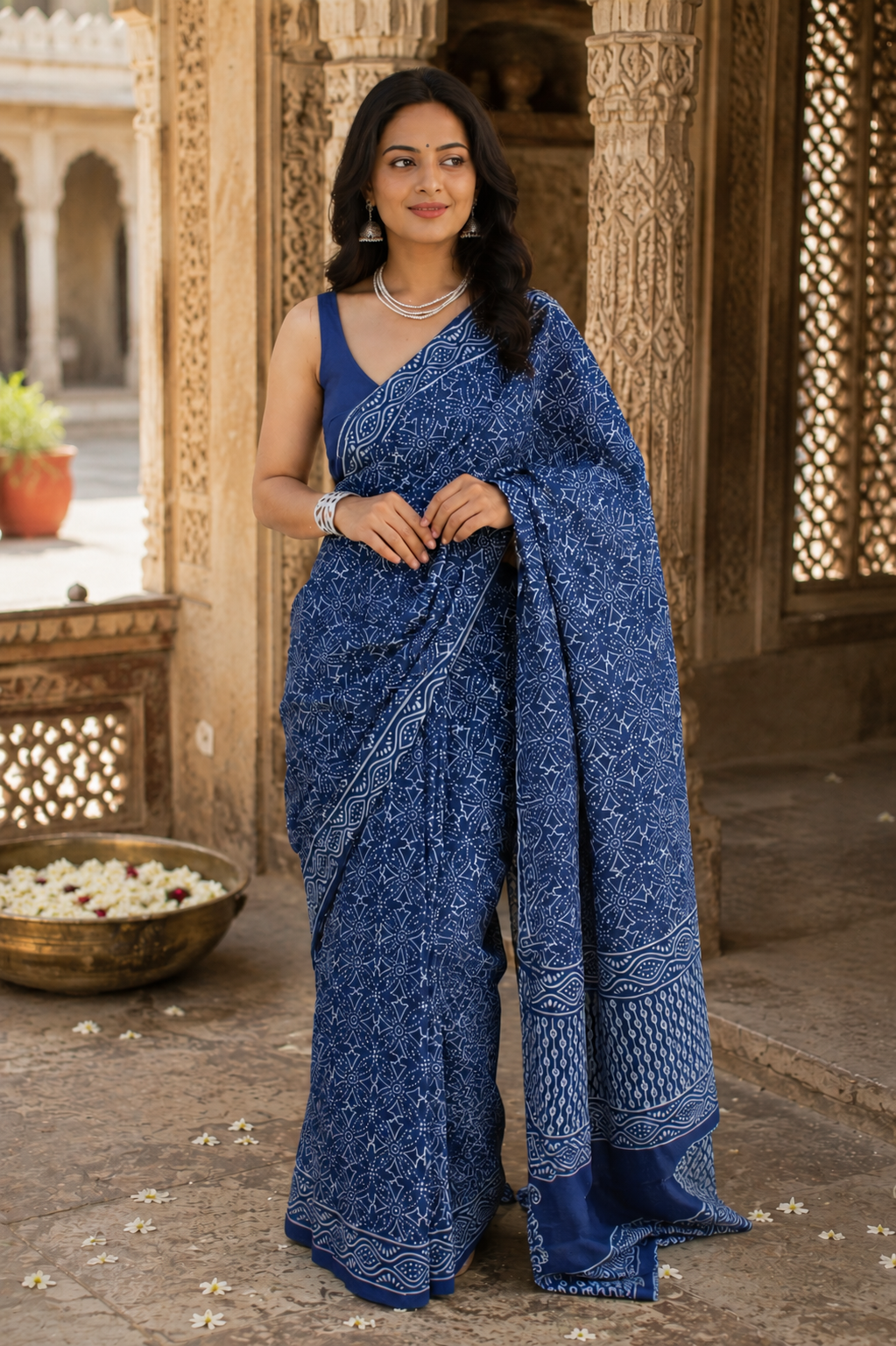 Deep Indigo & White Bagru Hand Block Printed Cotton Mul Saree