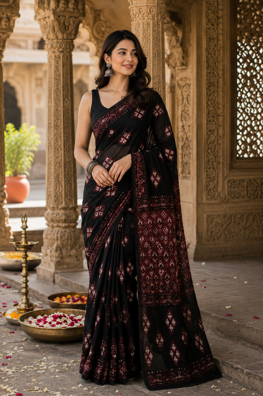 Noir Black & Deep Maroon Bagru Screen Print Soft Mulmul Cotton Saree