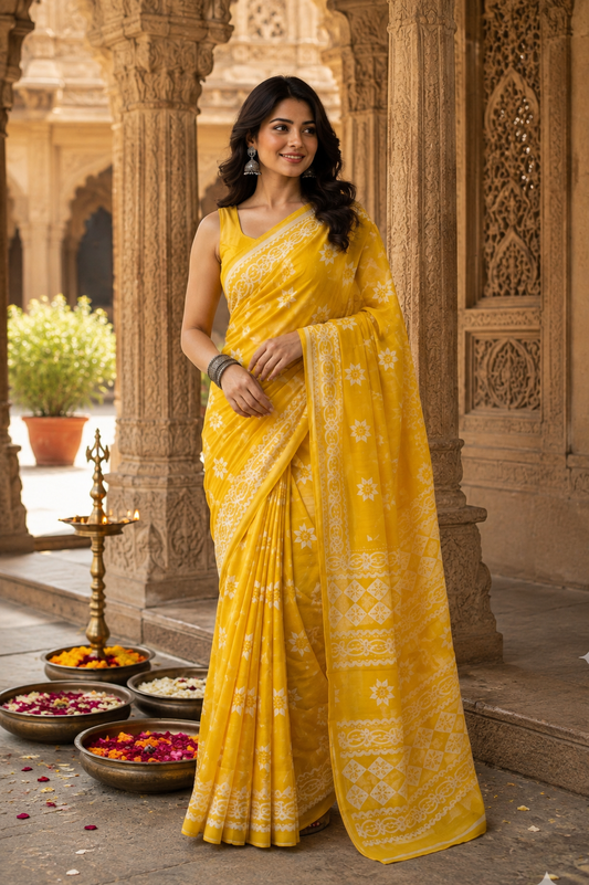 Sunshine Yellow & Ivory White Bagru Screen Print Soft Mulmul Cotton Saree