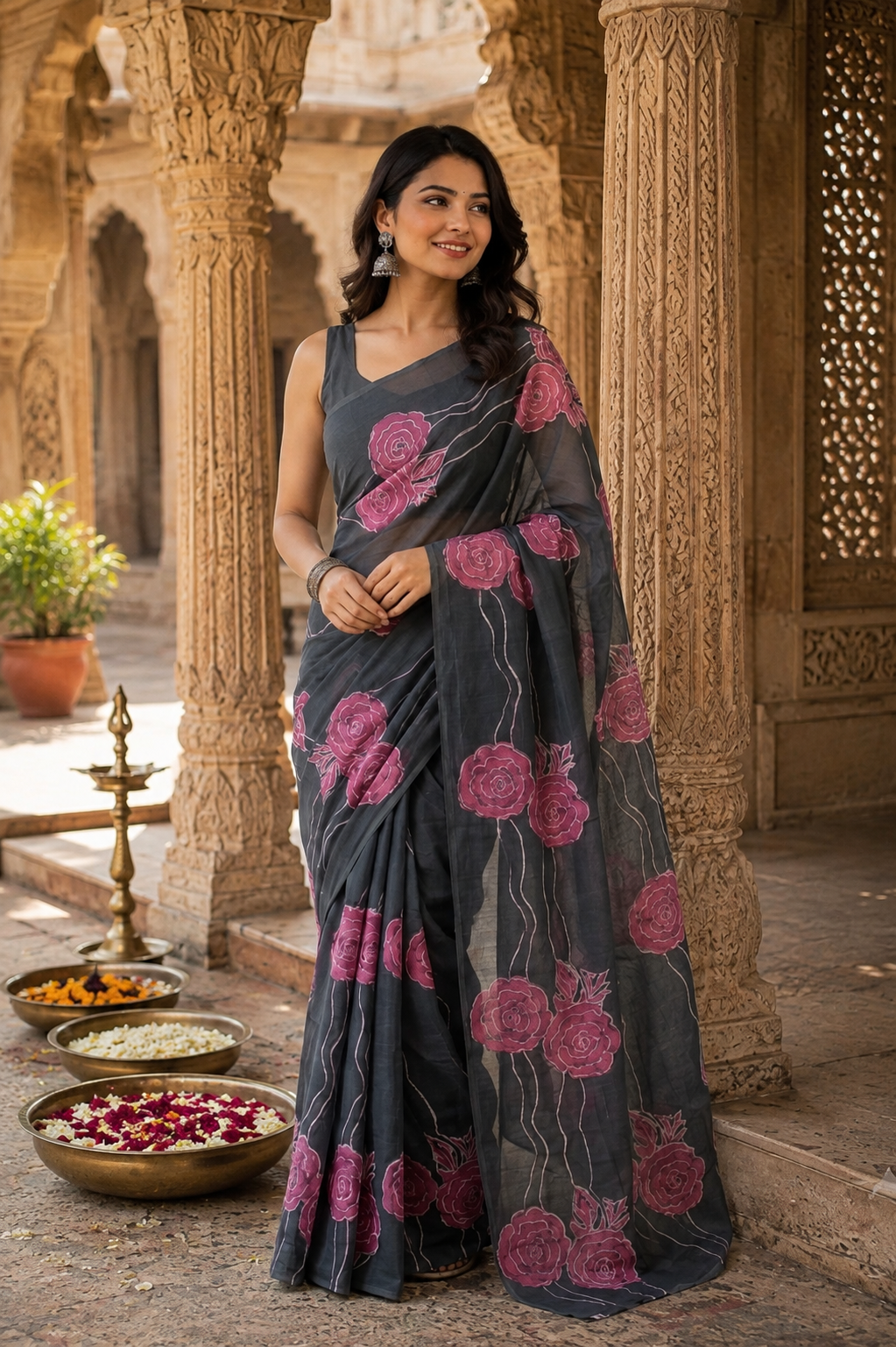 Slate Grey & Mauve Rose Bagru Screen Print Soft Mulmul Cotton Saree