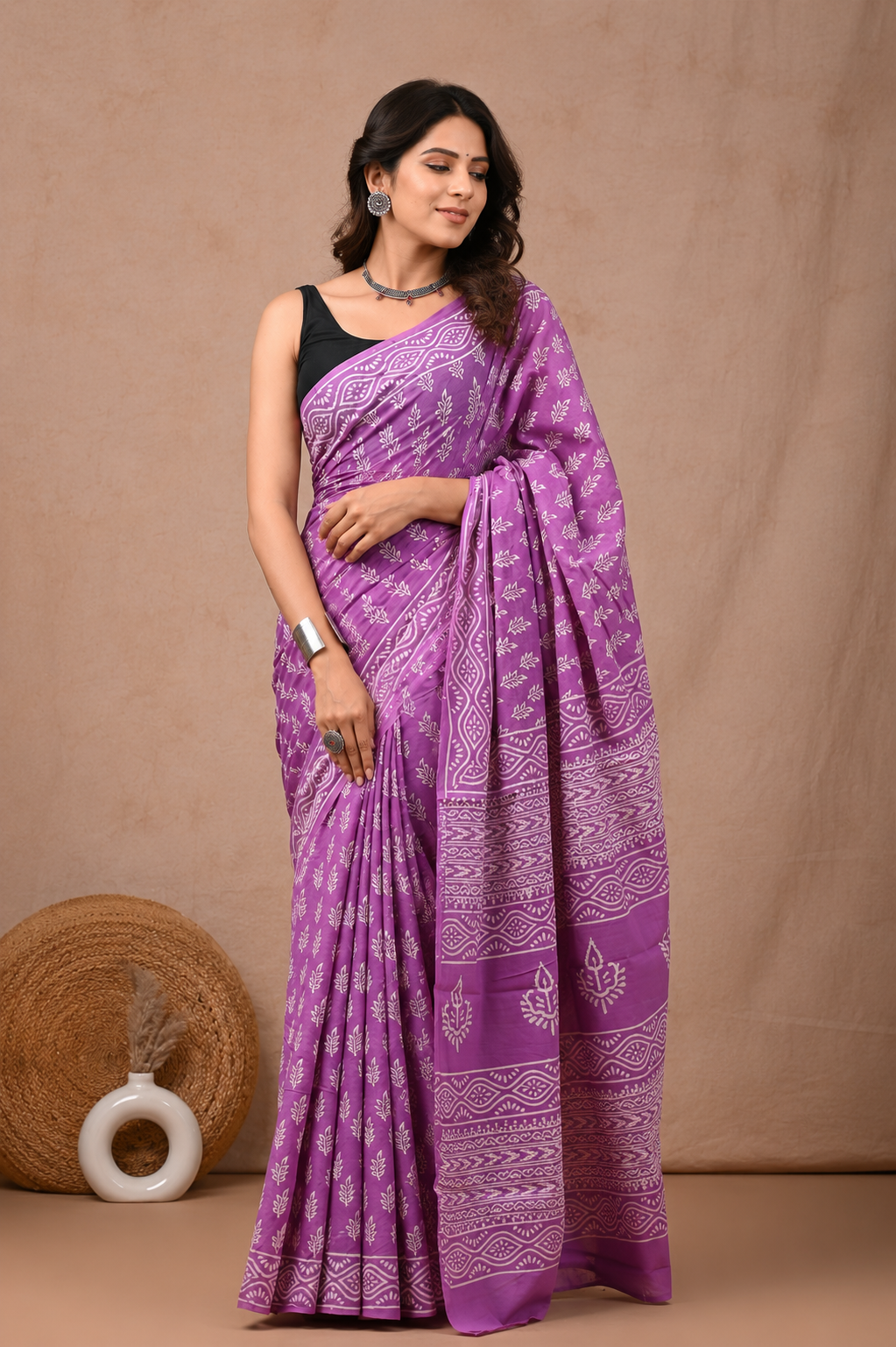 Purple Bagru Hand Block Printed Cotton Mul Saree