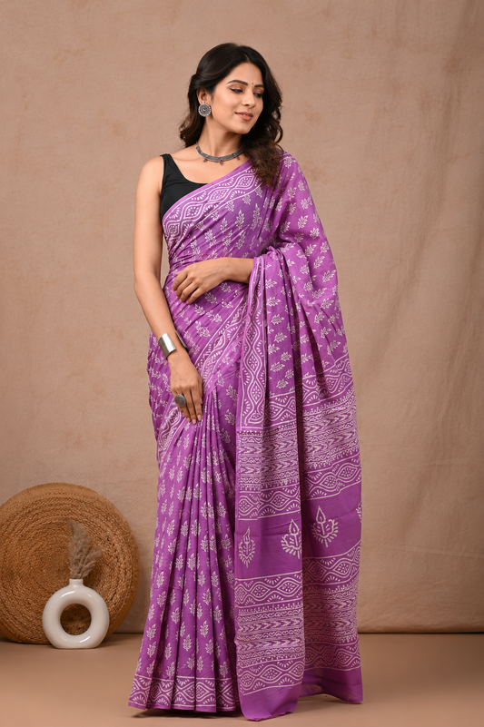 Purple Bagru Hand Block Printed Cotton Mul Saree