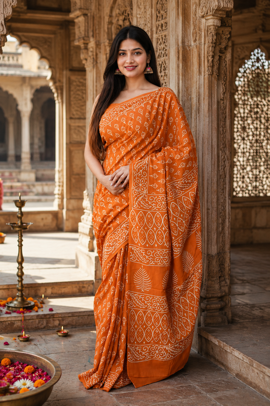 Orange Bagru Hand Block Printed Cotton Mul Saree